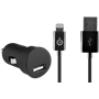 Chargeur voiture USB A 2.4A FastCharge + Câble USB A/Lightning Noir Bi