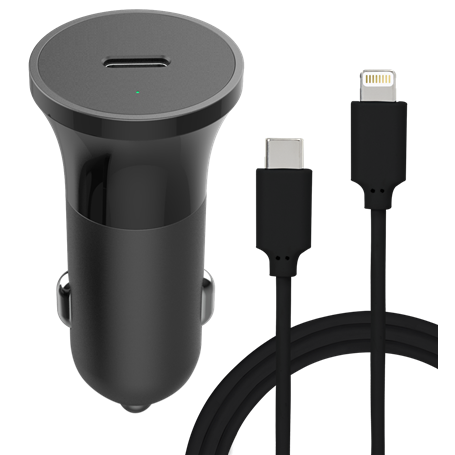 Chargeur voiture USB C 20W Power Delivery + Câble USB C/Lightning Noir