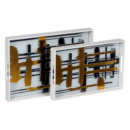 Plateau apéritif Blanc Noir Doré PVC Verre Abstrait 45 x 31 x 4,2 cm (