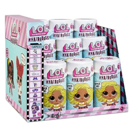 MGA Entertainment présente L.O.L. Surprise! Hairgoals 2.0 dans une boîte présentoir de mini-poupées.
