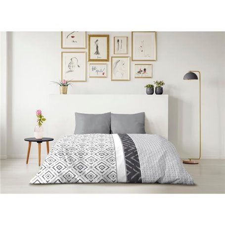 Parure de couette microfibre ETHNO - 1 housse de couette 220 x 240 cm + 2 taies d'oreiller 63 x 63 cm - Gris