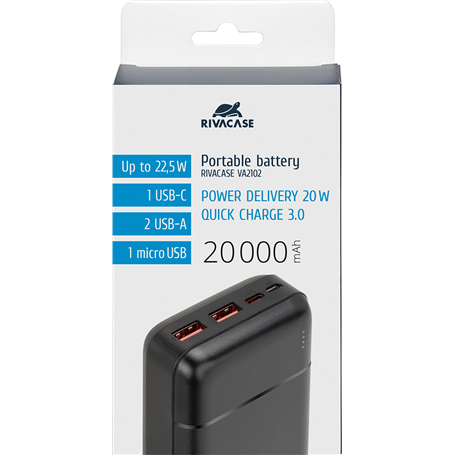Powerbank USB A/USB C/ Micro USB 20000mAh Power Delivery Noire Rivacase