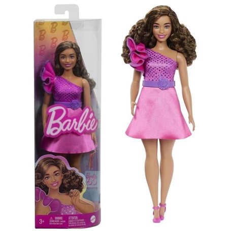 Barbie-Barbie Fashionistas 225-Poupée ronde cheveux bruns et robe rose HRH22