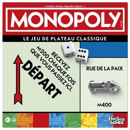Monopoly classique, jeu de société de plateau, avec boîte de rangement et pions grand format, 2 a 6 joueurs, version FR, des 8 a