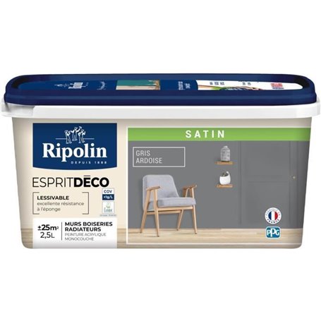 RIPOLIN Peinture Couleur Satin Ultra Couvrante pour Cuisine, Chambre, Salon, Salle, Entrée, Couloir - Gris ardoise