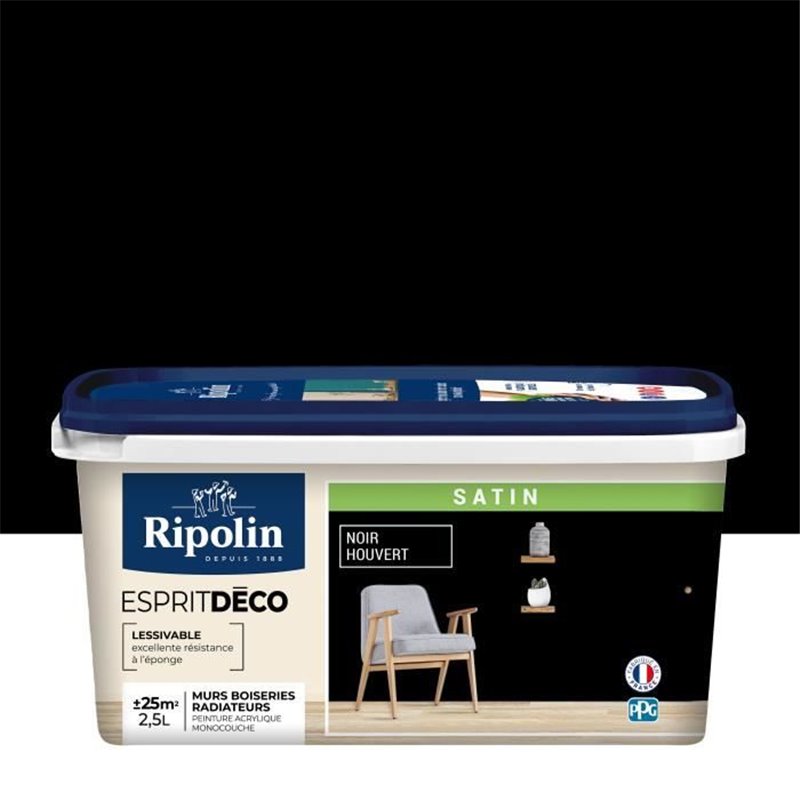 Peinture Couleur Intérieure Satin pour Cuisine Salle Salon Chambre - sur Murs Boiseries Radiateurs - 2,5L - Noir Houvert - Ripol