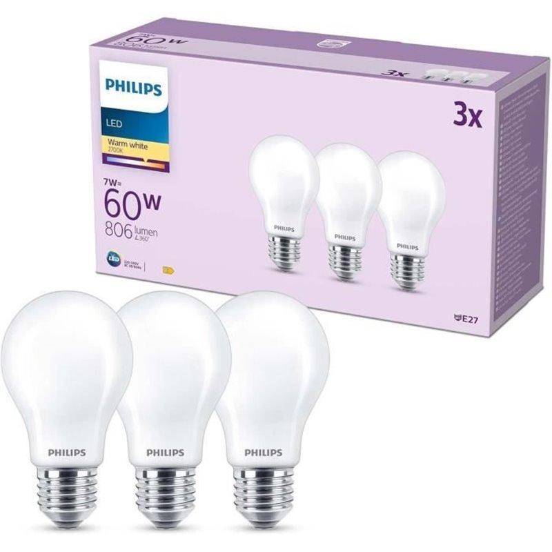 Image secondaire de Ampoule LED - PHILIPS - Classic - 60 W - A60 E27 - Blanc chaud - Non dimmable x 3