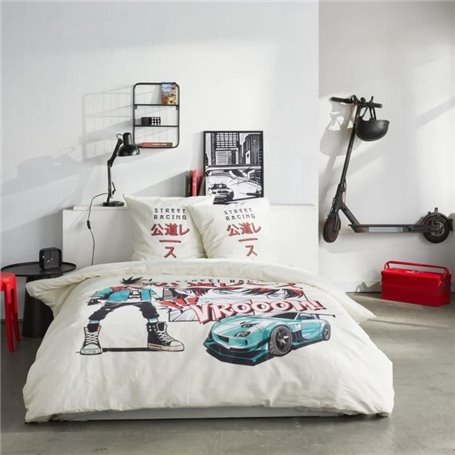 Parure de lit - TODAY - JAVA - 2 personnes - 240x220 cm - Coton - Imprimé Street racing - Blanc