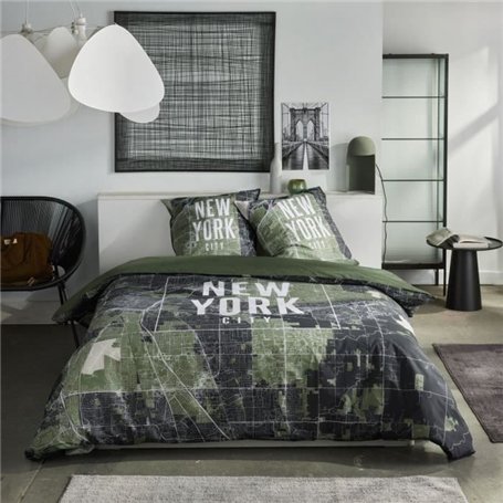 Parure de lit - TODAY - JAVA - 2 personnes - 240x220 cm - Coton - Imprimé New York - Vert