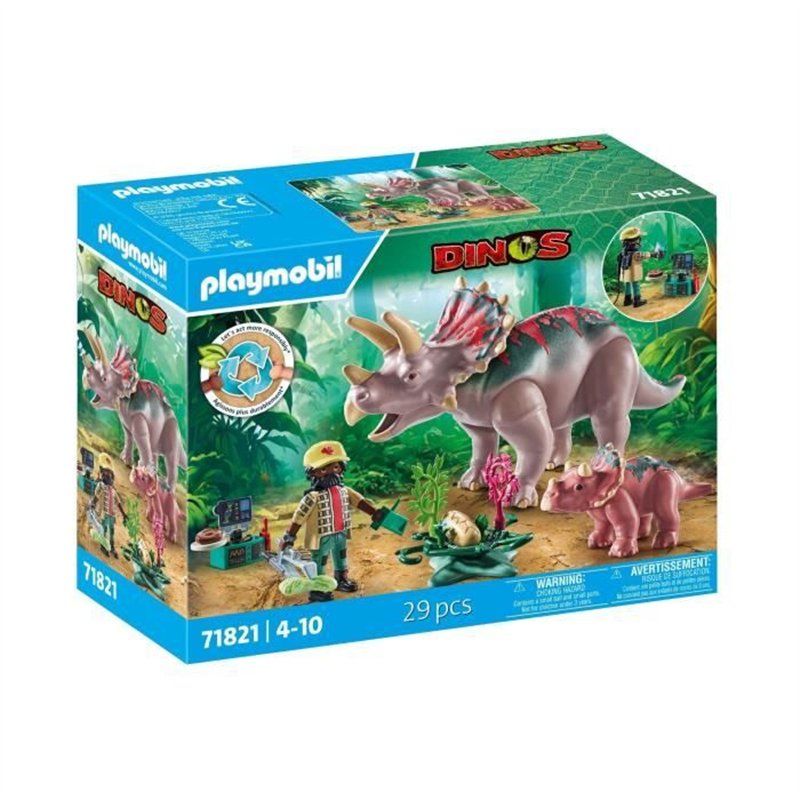 PLAYMOBIL 71821 Tricératops avec bébé et explorateur, Dinos, 29 pièces, Des 4 ans