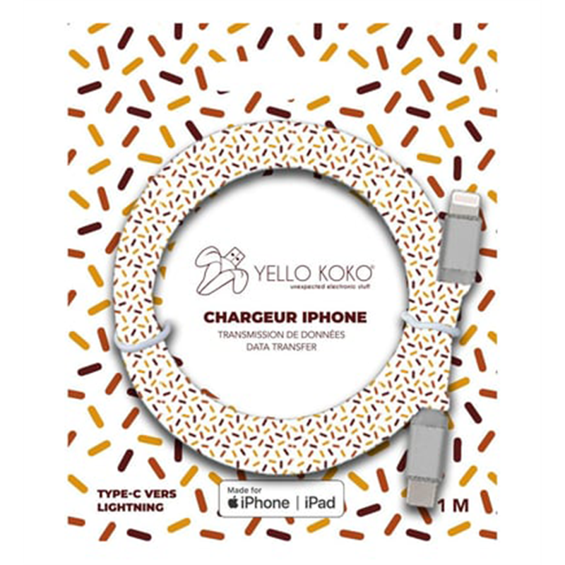 Câble Kami plat USB C / Lightning 3A 1m Power Delivery Pep Yello Koko