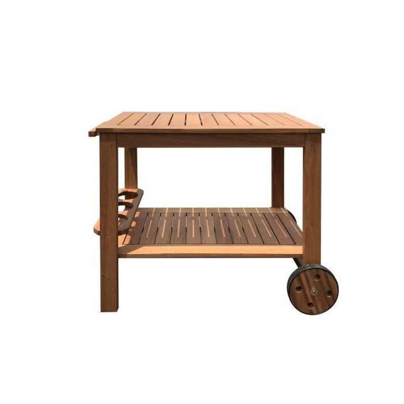 Desserte de jardin à roulettes en bois d'eucalyptus FSC - 93 x 49 x 74 cm - Avec porte-bouteilles