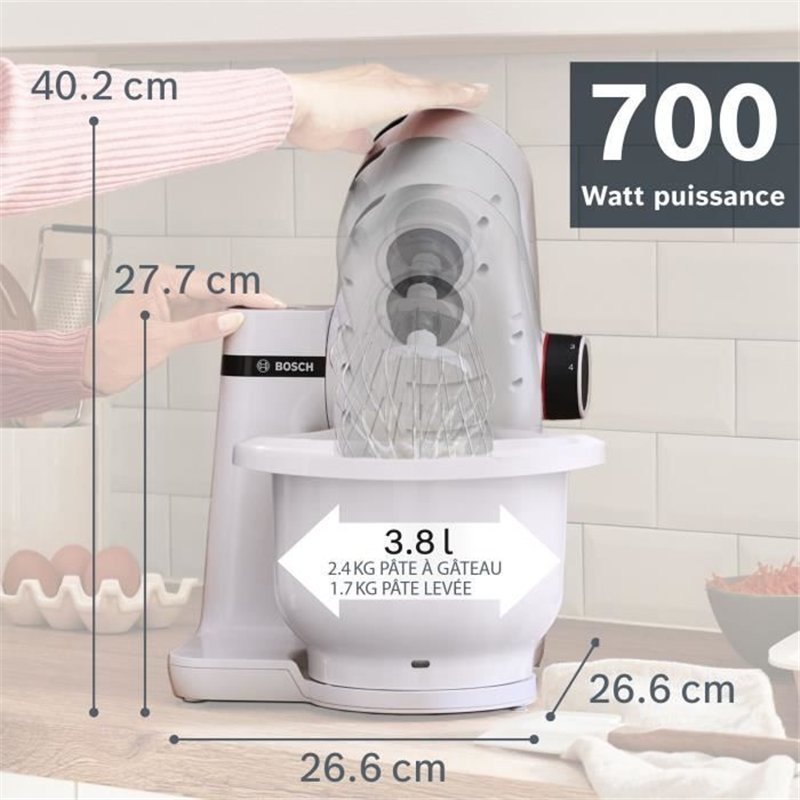 Image secondaire de Robot pâtissier BOSCH Serie 2 MUMS2AW21- 700 W - 4 vitesses - 3,8 L - 3 disques - hachoir a viande - Blanc
