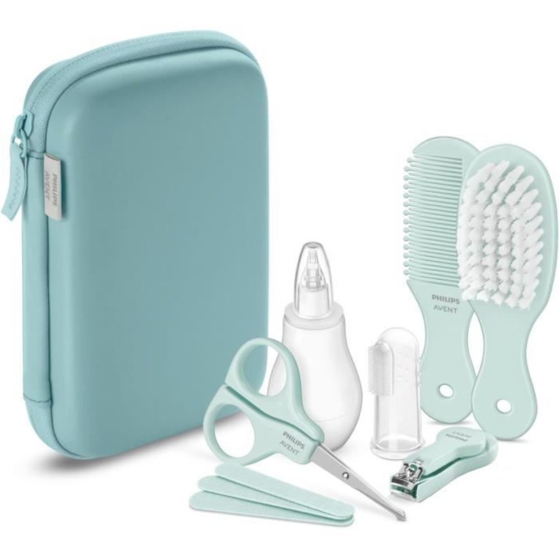 Image secondaire de Kit de soins pour bébé Philips Avent, coupe-ongles, ciseaux, 3 limes, peigne, brosse a cheveux, aspirateur nasal et brosse a den