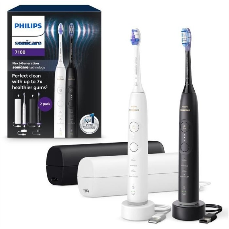 Brosse a dents - PHILIPS - HX7429/02 - Sonicare - Double manche Serie 7100 - Blanc & Noir - Eléctrique