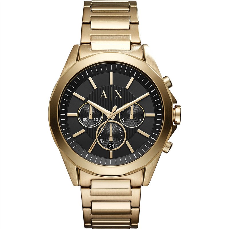 Armani Exchange Montre pour homme, mouvement chronographe, boîtier en acier inoxydable doré de 44 mm avec bracelet en acier ino