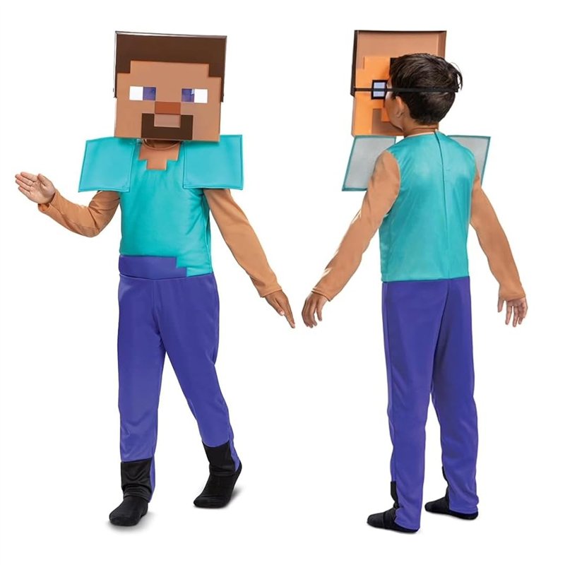Minecraft | Déguisement Steve | Taille S (4-6 Ans) | Costume + Masque 2D | Licence Officielle Mojang | Confort | Pour Halloween