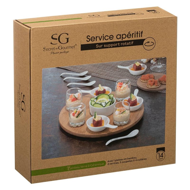 Image secondaire de Secret de Gourmet - Set Apéritif 14 pièces : 1 Plateau Rotatif en Bambou, 4 Verrines, 5 Coupelles et 4 Cuillères