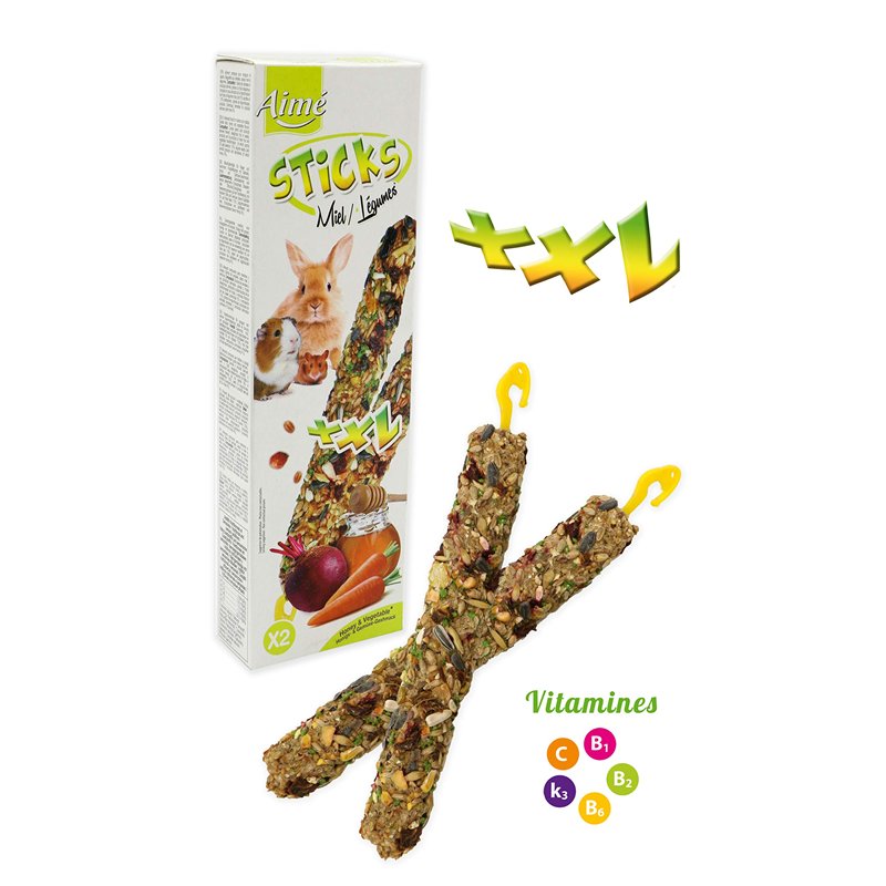 Aime Baguettes à Ronger XXL Miel/Légumes pour Rongeurs/Lapins/Friandises Sticks/2 Baguettes XXL Gourmandes