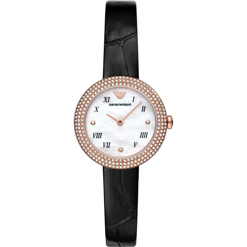 Emporio Armani Montre pour femmes, mouvement à deux aiguilles, boîtier en acier inoxydable or rose de 30 mm avec bracelet en cui