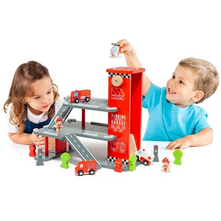 Jouet Parking en Bois Molto avec héliport, Station-Service, Ascenseur pour Voitures, Rampe d'accès aux différents Niveaux et véh