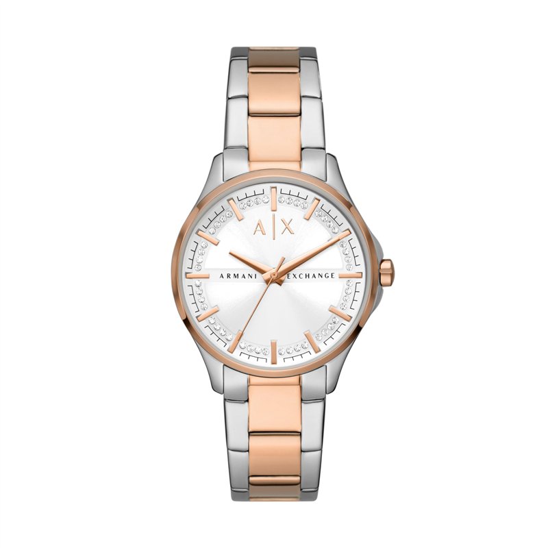 Armani Exchange Montre pour femme, mouvement à trois aiguilles, boîtier en acier inoxydable 2T argent/rose de 36 mm avec bracelet