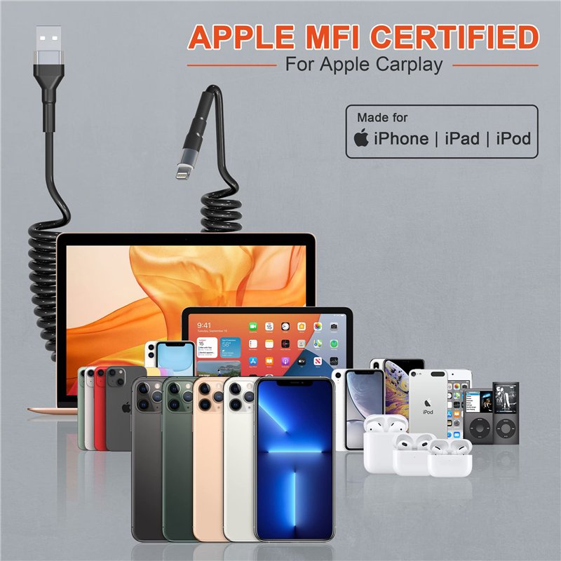 Image secondaire de Cable iPhone Spiralé USB A à Câble Lightning, Certifié Apple Carplay et MFi, Cordon de Chargeur iPhone Court Rétractable avec Tr