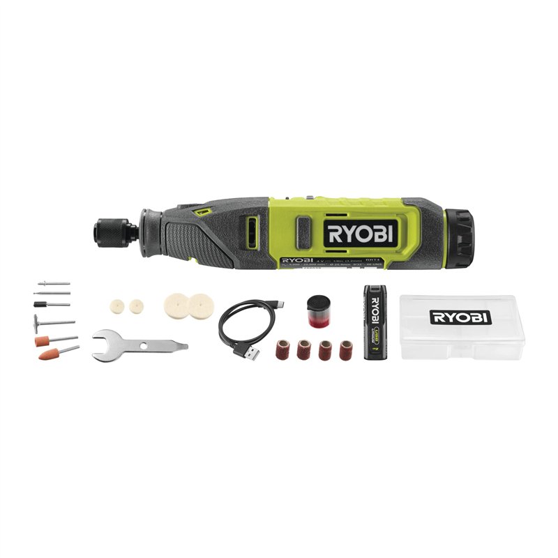 RYOBI - Mini-outil multifonction 4V - 5 000-25 000 tr/min - changement d'accessoires sans outil - Câble USB C - Livré avec 15 ac