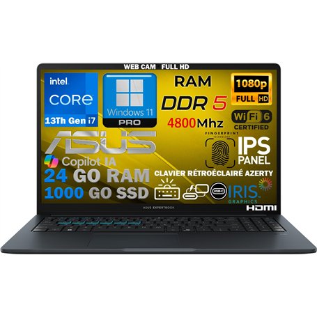 ASUS Ordinateur Portable Intel i7 13ème 10 Coeurs 5Ghz, RAM 24 Go DDR5, SSD PCIe 1To, écran IPS 15,6 Full HD, WiFi6E, 4USB, Empr