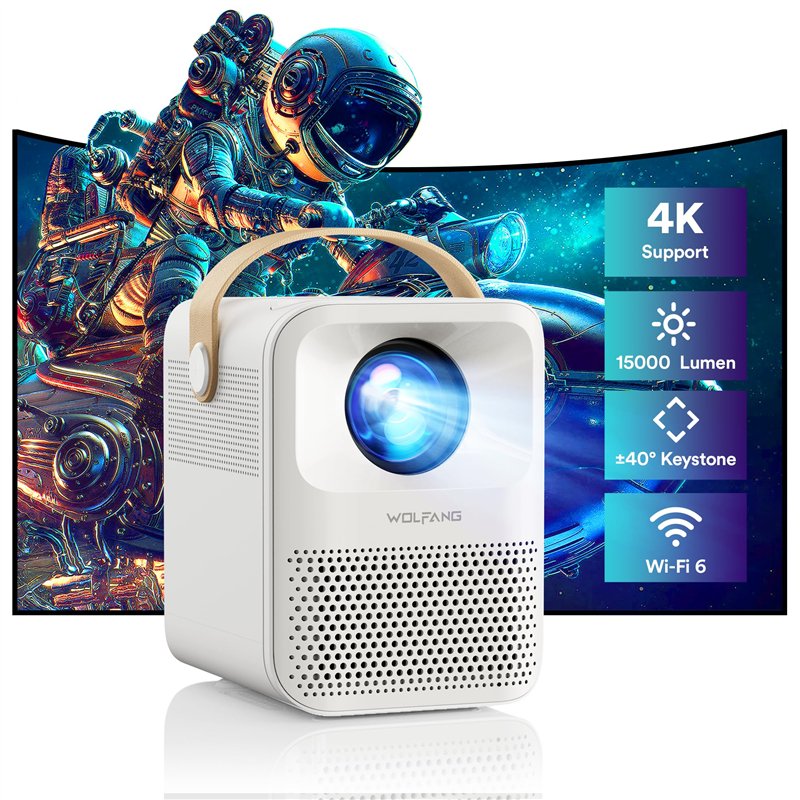 Mini Projecteur, WOLFANG Portable Movie Retroprojecteur Soutenir 4K, Native 1080P, 15000 Lumens, Zoom, 5G WiFi Bluetooth, Cadeau