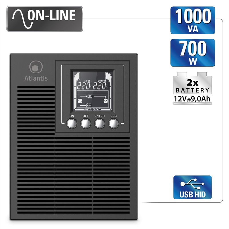 Image secondaire de Atlantis A03-OP1002XLN Online 88% Quieter Server UPS Double Conversion Pure Sine Wave 1000VA 700W, Low Noise Fan Gelid 23,6 dbA,