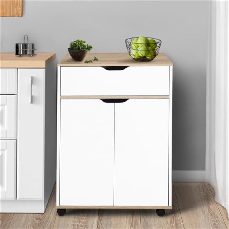 Image secondaire de IDMarket - Desserte de cuisine COSY placard avec tiroir bois blanc et plateaux façon hêtre L.60 CM