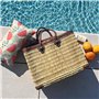 Panier Tressé Cabas de Plage Rectangulaire et Évasé en Jonc Naturel avec Finitions et Poignées en Cuir
