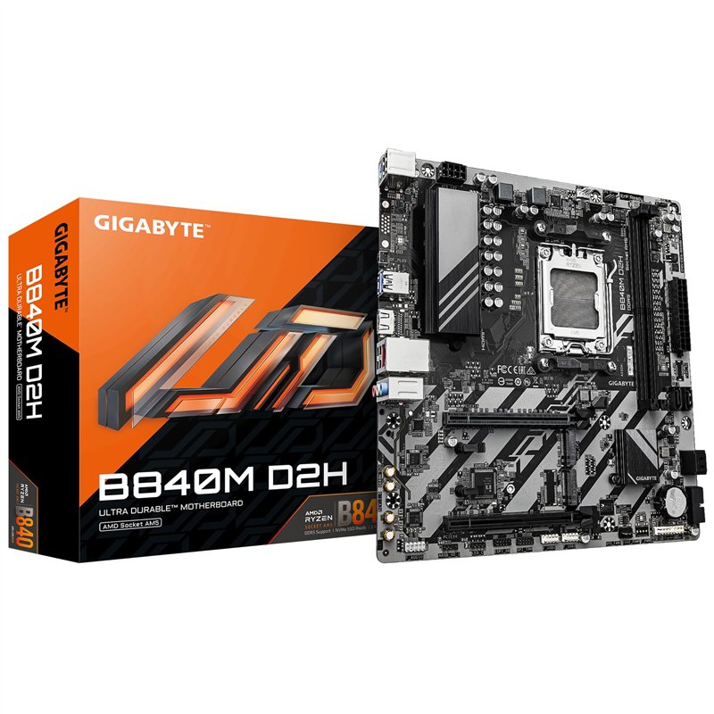 GIGABYTE B840M D2H Carte mère - Processeurs AMD Ryzen 9000, VRM 5+2+2 Phases, jusqu'à 7600 MHz DDR5, 1xPCIe 4.0 + 1xPCIe 3.0 M.2