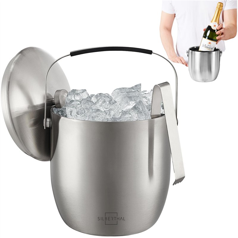 SILBERTHAL Seau à Glaçons 3 L Isotherme Avec Couvercle Et Pince - Acier Inox - Capacité 45 Glaçons - Isolation Double Paroi