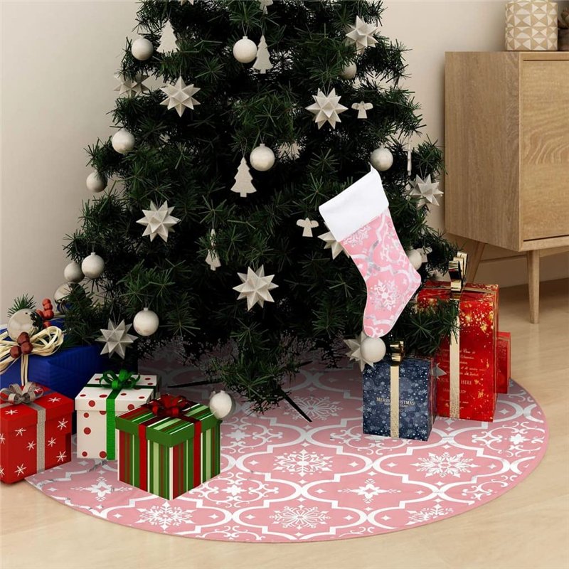 Image secondaire de vidaXL Tapis de Sapin de Noël de Luxe avec Chaussette - Décoration de Noël - Rose - 90 cm