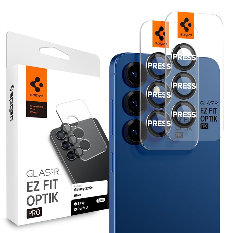 Spigen Glas.tR EZ Fit Optik Pro Protection Caméra pour Samsung Galaxy S25 Plus, Noir, 2 Pièces, Installation Facile, Protection