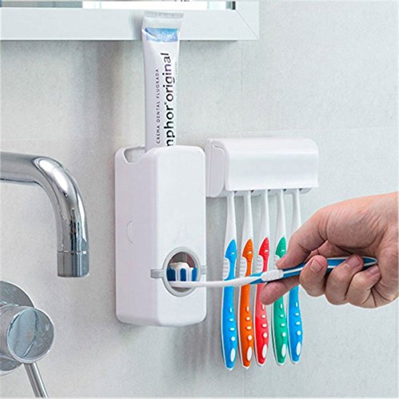 SHOP-STORY - Distributeur Automatique de Dentifrice avec Porte Brosse à Dents et Tête de Brosse à Dents Électrique Brossette