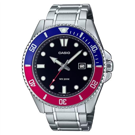 Casio MDV107D-1A3V Montre de plongée pour homme en acier inoxydable 200 m Rouge/bleu Cadran noir 3 aiguilles, noir, Sports