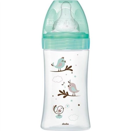 Dodie Biberon Initiation+ Anti-Coliques 3 Vitesses en Verre +0m Vert Oiseaux 270ml