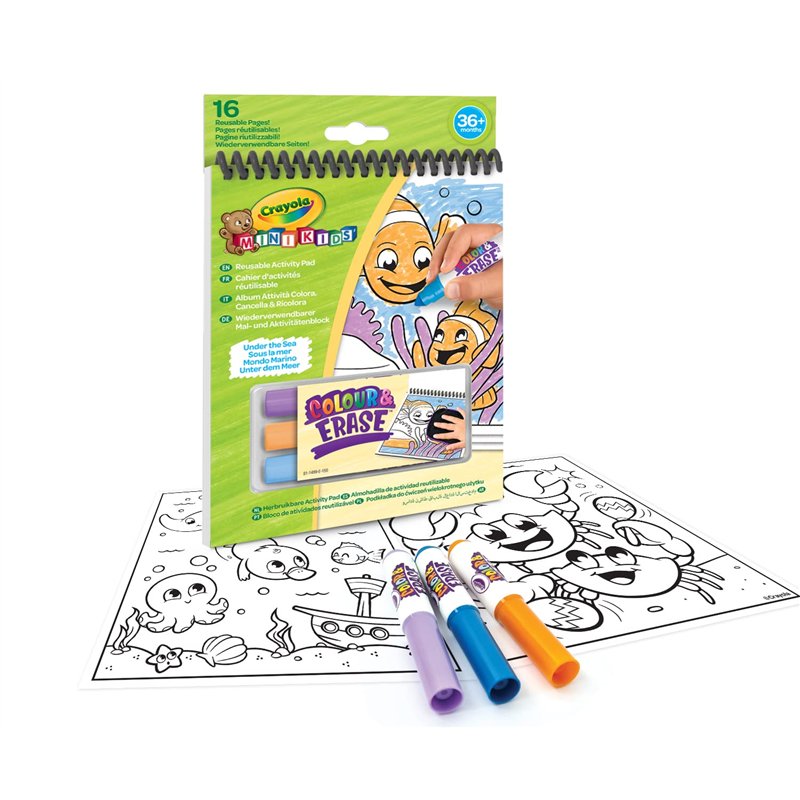 CRAYOLA- Mini Kids-Album d'Activité Colora Efface & Recolore avec 16 Pages Réutilisables et 3 Marqueurs effaçables, 81-1499, Col