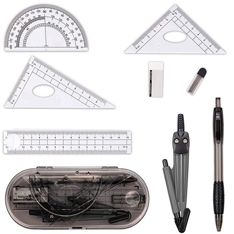 8 Pièces Compass Set, Compas Scolaire Ensemble Outil de Géométrie, Compris le Dessin de Boussole, Rapporteur, Règle, Recharge de