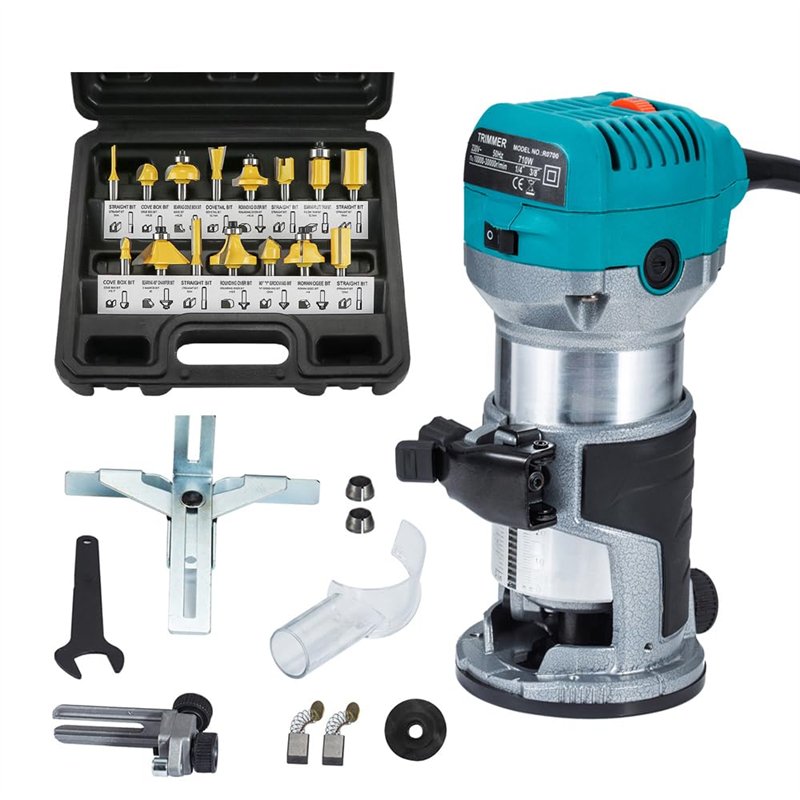 Affleureuse Défonceuse Trimmer Router Fraiseuse Électrique Outil à Bois 710W Pince 8mm 6.35mm + Coffret de 15 Fraises à défoncer