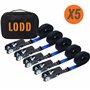 LODD - 5 Sangles d'Arrimage à Cliquet en Acier 6m x 25mm - Polyester Résistant (800 kg) avec Sac de Transport - Norme en 12195-2