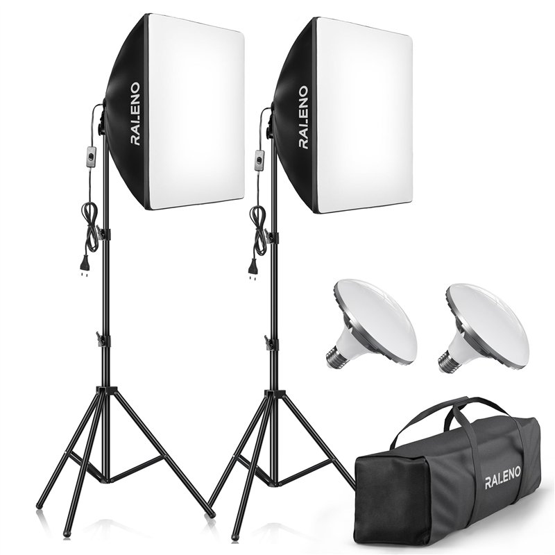 RALENO Softbox, Kit Studio Photo Softbox LED 50W, Lampe de Photographie 50x50 cm avec Ampoules 5500K et Trépied, Lampe Photo pour