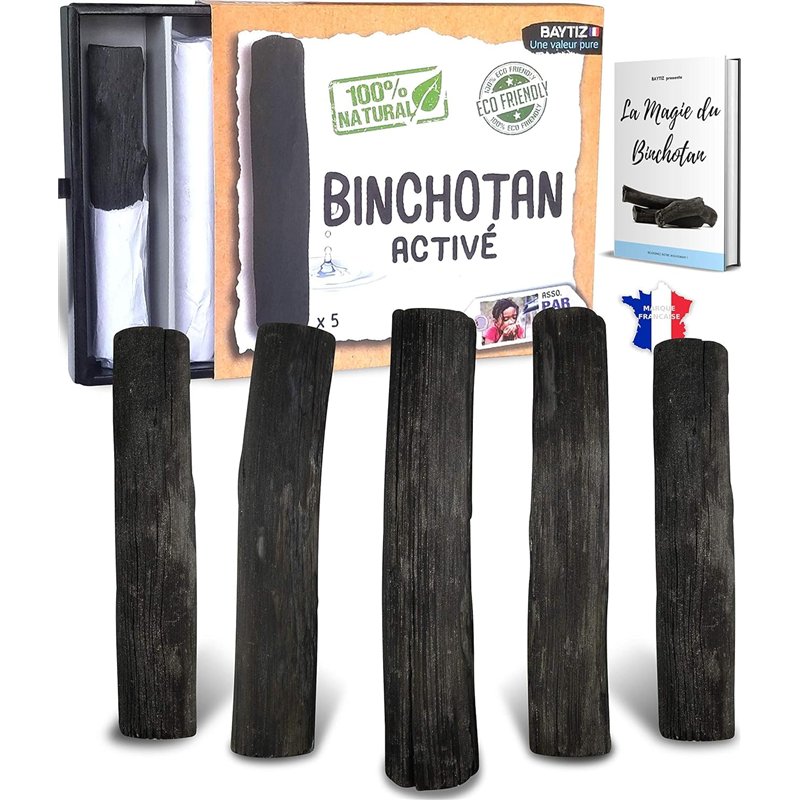BAYTIZ ® Filtre à Eau Végétal au Charbon Actif - Baton de Binchotan Bio x5 - Purifier l' Eau du Robinet - en Bois Naturel - Cara