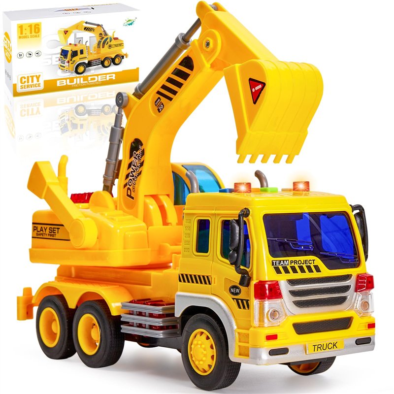 HERSITY Camion Chantier Enfant avec Son et Lumière Tracteur Jouet de Plage, Camion de Construction Cadeau pour Enfant Garçon Fil