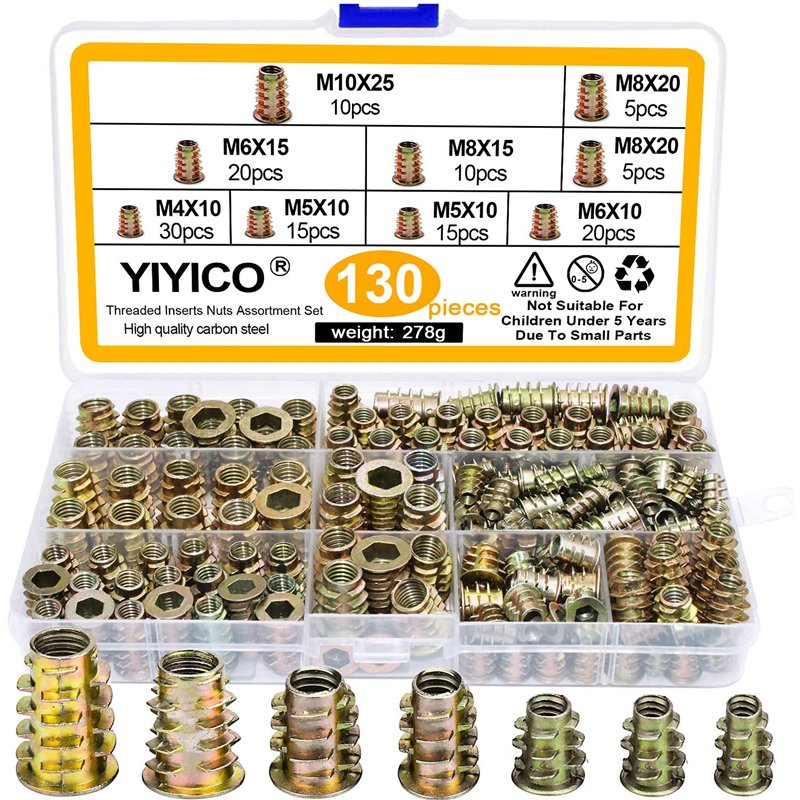 YIYICO Insert Fileté Bois Inserts Filetés Écrous à Visser Douille M4 M5 M6 M8 M10 Manchons à Visser Alliage de Zinc 130pcs pour