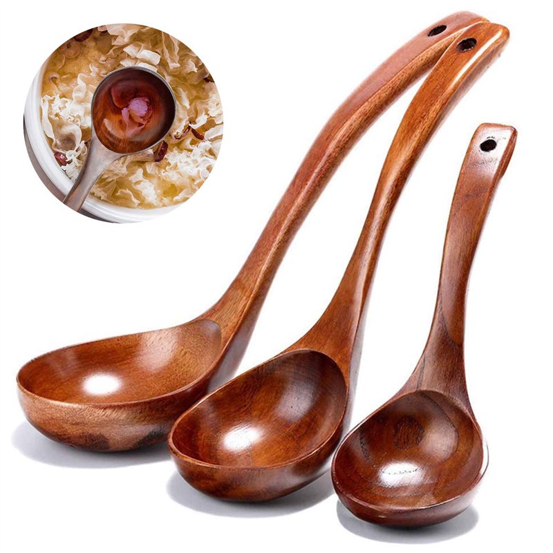 Lot de 3 Louches à Soupe en Bois Naturel - Cuillère Japonaise à Long Manche - Ustensile de Cuisine