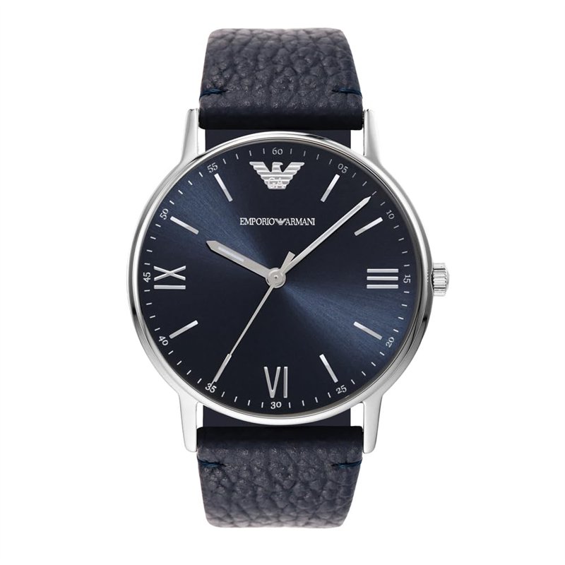 Emporio Armani Montre pour homme, mouvement à trois aiguilles, boîtier en acier inoxydable argenté de 41 mm avec bracelet en cuir